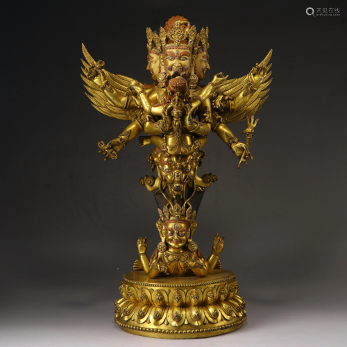 A gilt bronze Vajrabhairava and Vajravetali phurba