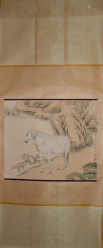 A Chinese scroll depicting a white horse