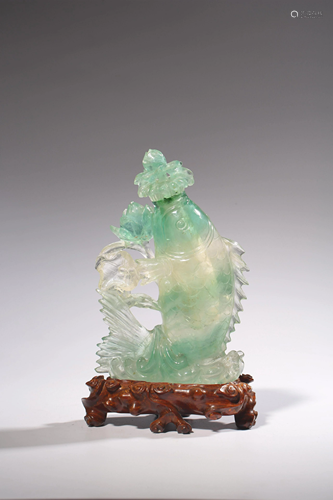 A Chinese green quartz carved group of a carp