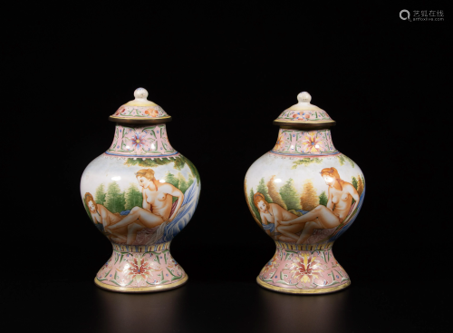 A pair of Chinese Beijing enamelled copper vases