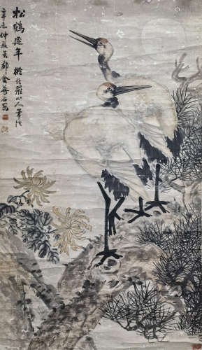 金梦石（1869-1952） 松鹤延年 设色纸本 立轴