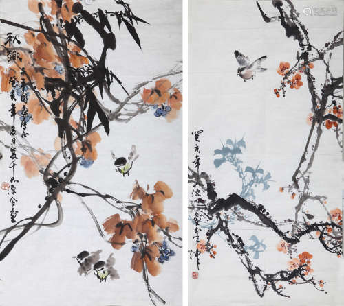 史如源（1944-2015） 花鸟双屏 设色纸本 镜片