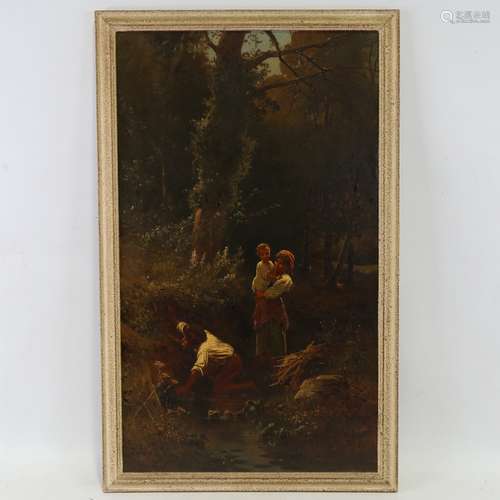 H Corelli, oil on canvas, figures in woodland, signed and in...