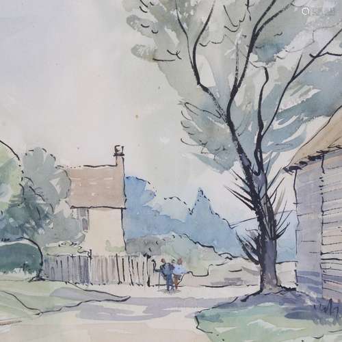 Ernest Savage (1906 - 2017), figures near a barn, watercolou...