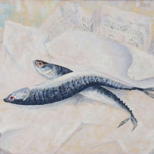 Doreen Parker, Mackerel And Newspaper, oil on board, signed,...