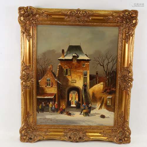 Willem Heykoop, Dutch winter street scene, oil on wood panel...