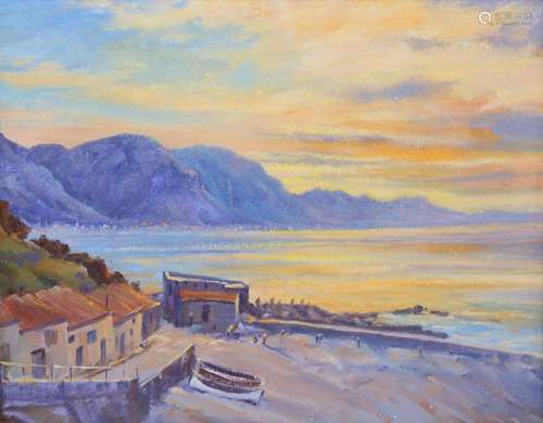 Contemporary oil on board, sunset over a cove, indistinctly ...