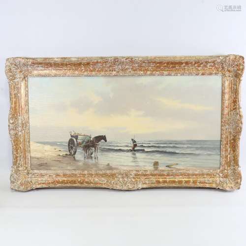 F Dubois, figure with horse and cart on the beach, signed, 1...