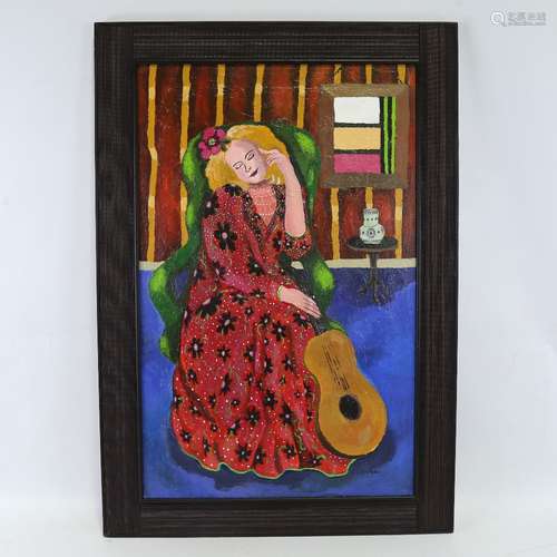 Carol Maddison, contemporary oil on board, woman with guitar...