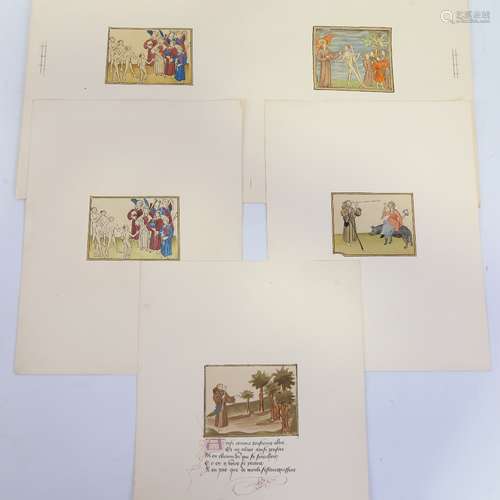 5 Arundel Society chromolithographs, Medieval scenes on 4 sh...