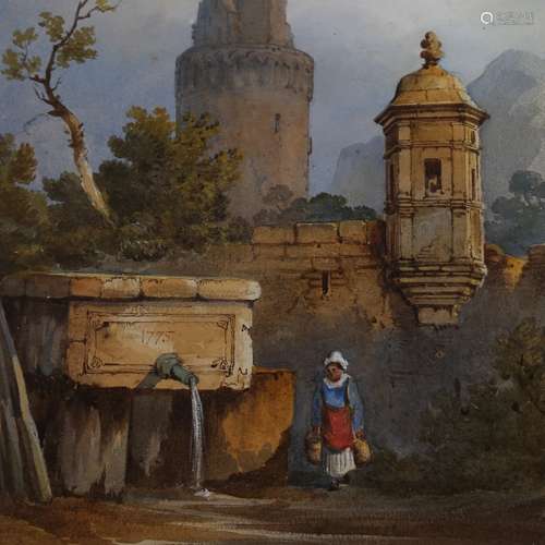 Watercolour on card, woman beside a fountain, unsigned, 13