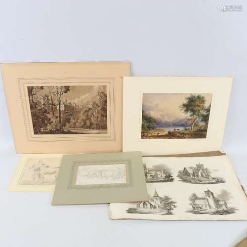 A folder of works, including 19th century pen and wash drawi...