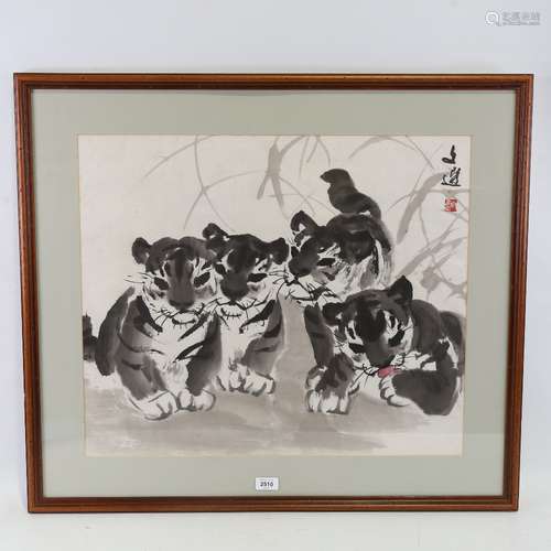 Tang Wen Xuan (born 1925), tiger cubs, ink on paper, signed ...