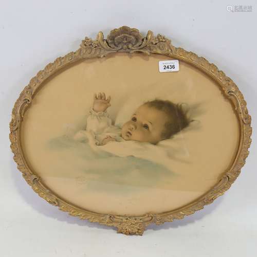 Bessie Gutmann, oval print, baby, in ornate gesso frame, ima...