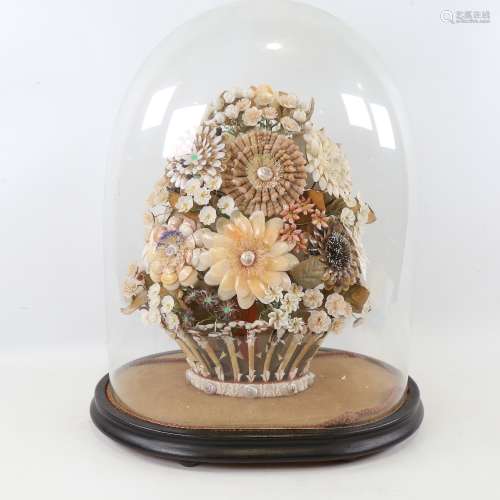 A 19th century floral shell display under glass dome, overal...