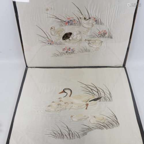 A pair of Chinese silk embroidered panels, depicting ducks a...