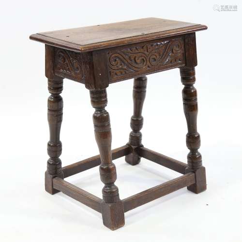 An Antique oak joint stool, with carved frieze and baluster ...