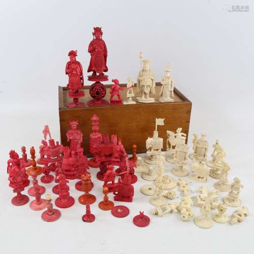 A collection of 19th century red and white stained ivory che...