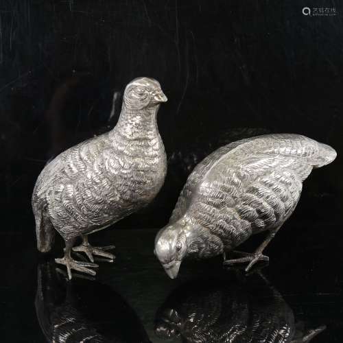 A pair of electroplate partridge ornaments, largest height 1...