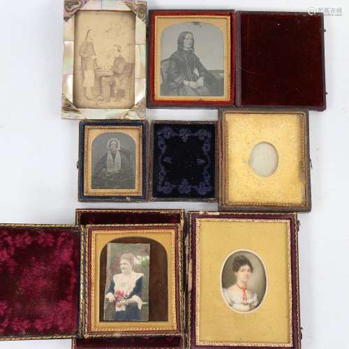 A group of 19th century photographs, and a miniature painted...