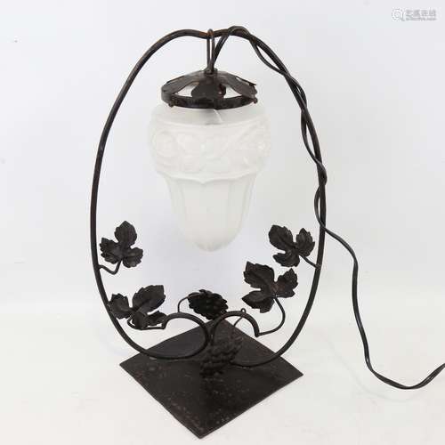 French Art Nouveau hand forged iron lamp, circa 1920, decora...