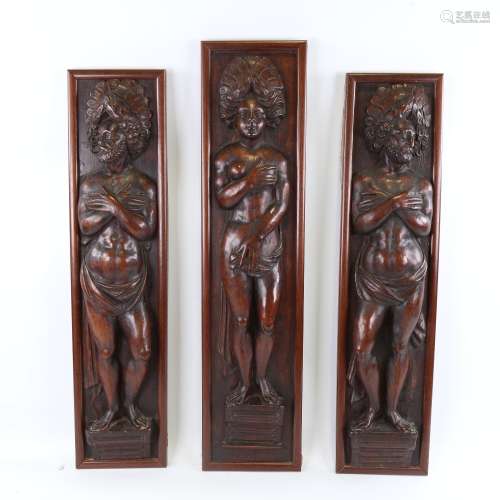 3 18th century high relief carved and stained wood panels, d...