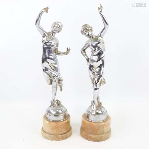 A pair of Art Deco chrome plate spelter dancing girl figures...