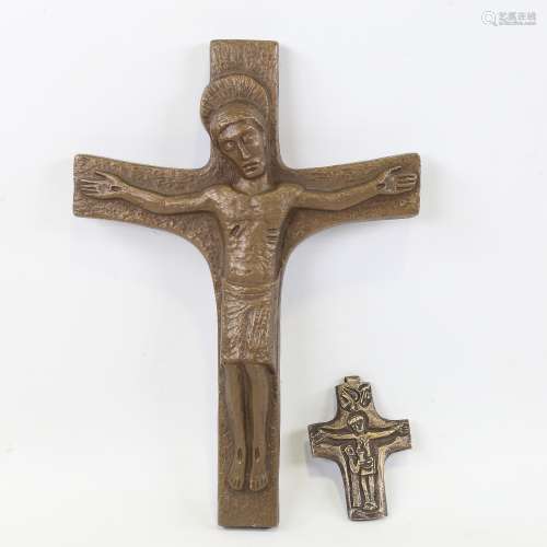 2 modernist relief cast-bronze crucifix, 27cm and 8.5cm, uns...