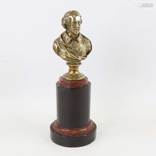 A 19th century polished bronze bust of Shakespeare on 2-colo...