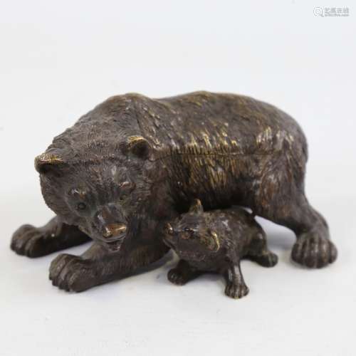 A patinated bronze bear and cub design desktop box, with hin...