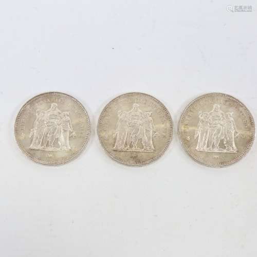 3 French silver 50 franc coins