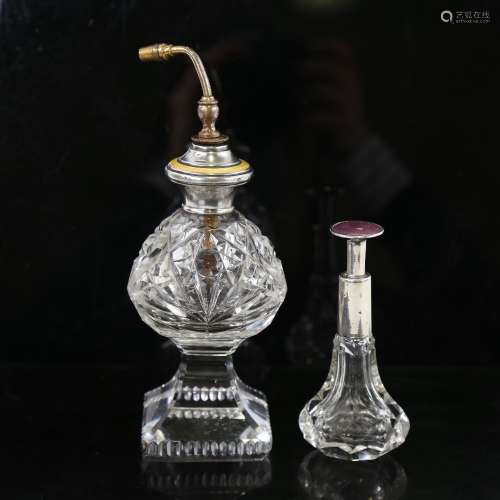 2 cut-glass silver and enamel-topped atomiser perfume bottle...