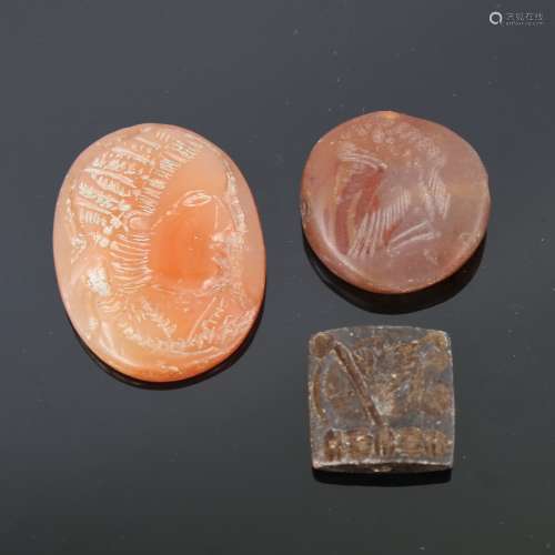 3 various natural carved hardstone seals, largest length 4cm...