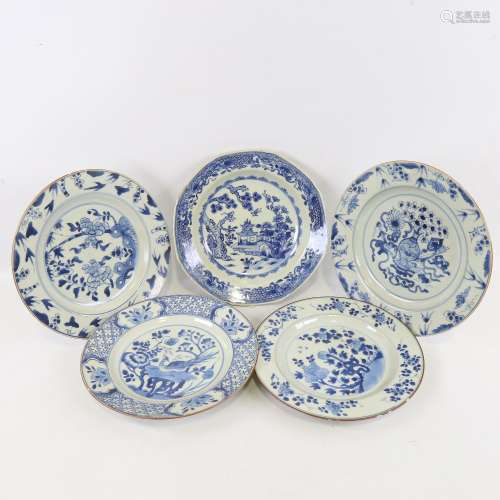 5 various Chinese blue and white porcelain plates, 22cm acro...