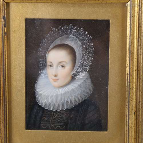 A miniature painted portrait of an Elizabethan woman wearing...