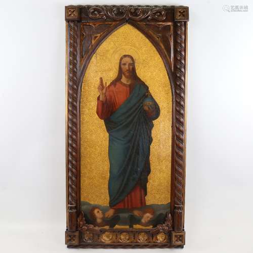 A 19th century hand painted and gilded religious plaque, dep...