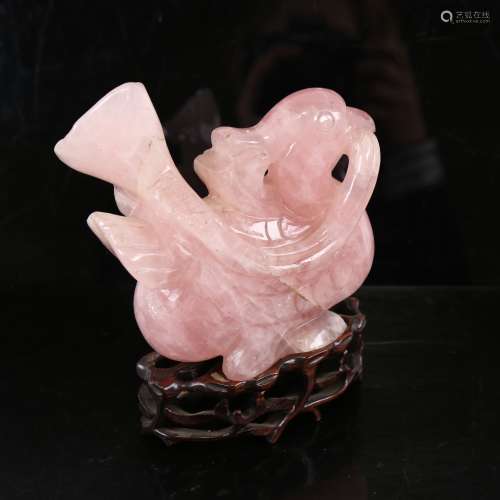 A Chinese carved rose quartz bird on hardwood stand, overall...