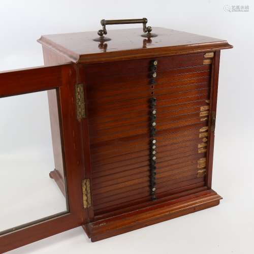 A Victorian mahogany microscope slide cabinet, brass carryin...