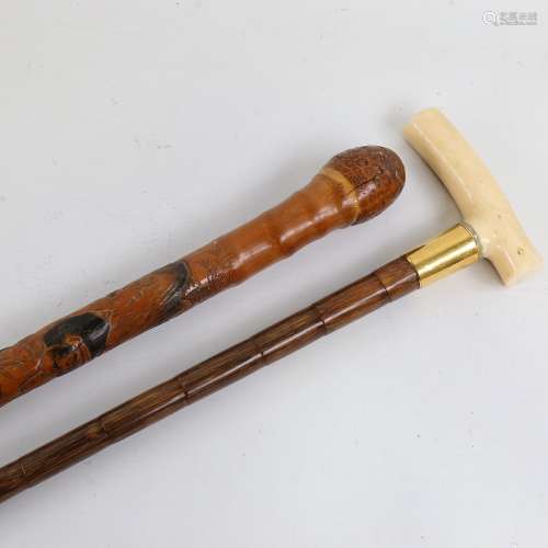 A Japanese carved rootwood walking cane with later tip, and ...