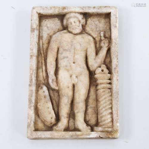 A Roman relief carved marble plaque depicting Hercules, 15cm...