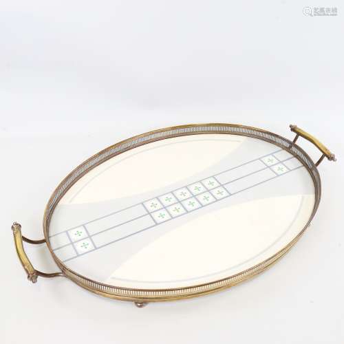 WMF ceramic oval tea tray, printed geometric design in brass...