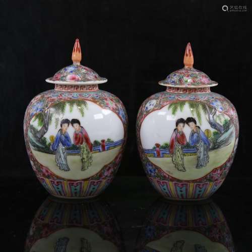 A pair of small Chinese porcelain jars and covers, hand pain...