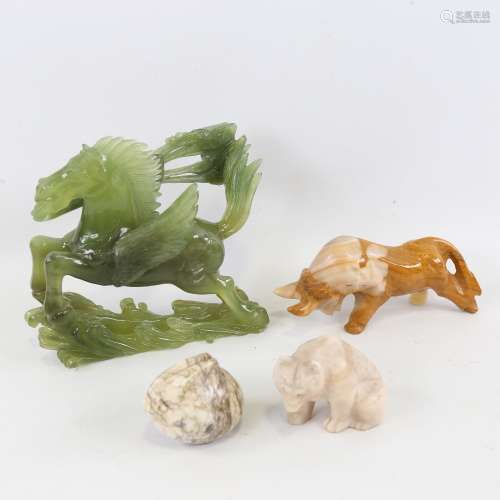 A Chinese carved jade prancing horse, height 15cm, and 3 mod...