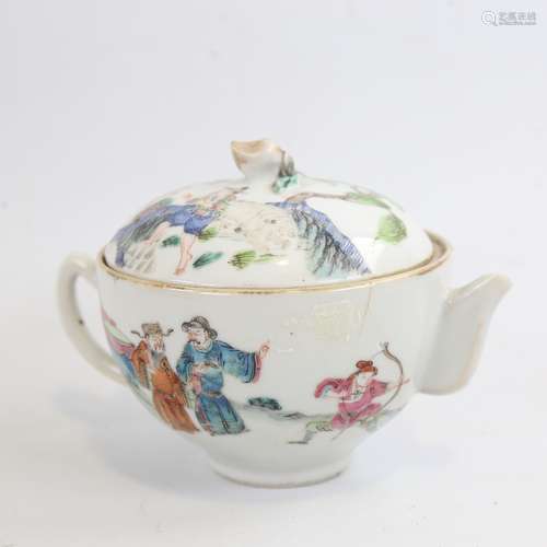 A Chinese white glaze porcelain teapot, hand painted warrior...