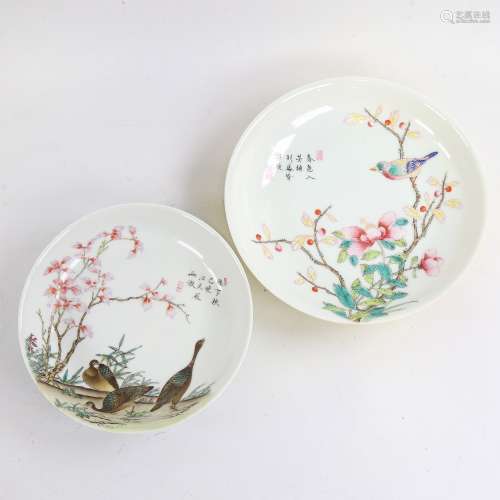 2 Chinese porcelain plates with painted enamel birds and blo...