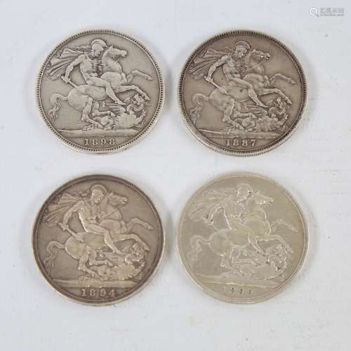 4 Victorian crowns, 1887, 1894, 1898 and 1899