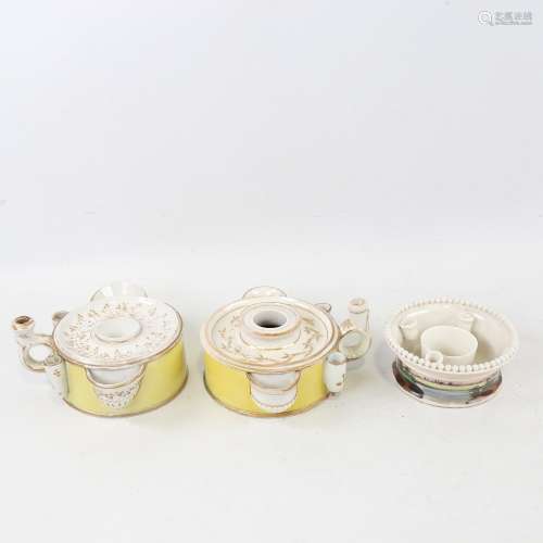 3 early 19th century circular porcelain inkwells (2 Derby an...
