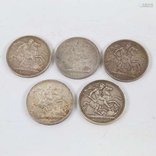 5 Victorian Crown coins, 1898, 2 x 1899, 2 x 1900