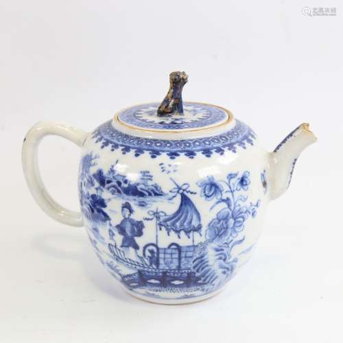 A Chinese blue and white porcelain teapot, hand painted figu...