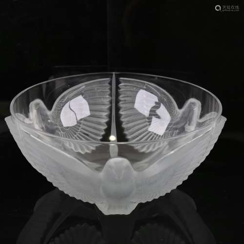 A French glass bowl, with relief moulded frosted dove design...